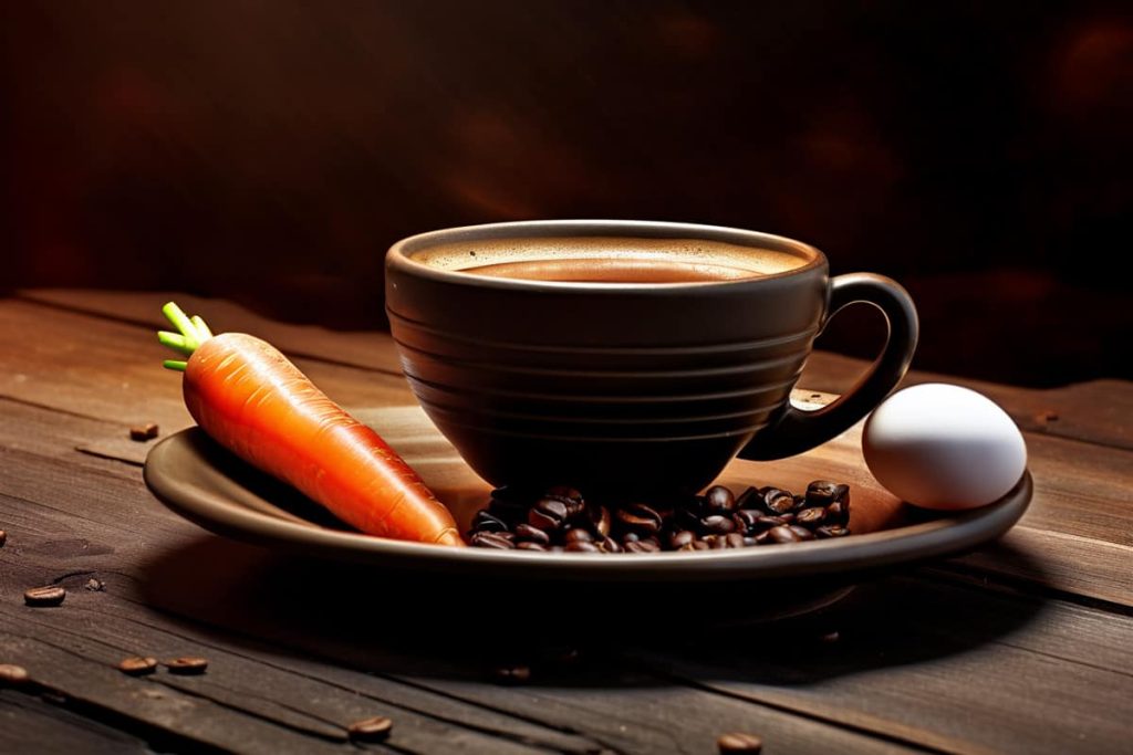 A saucer containing a carrot, an egg, and a cup of coffee.
