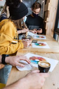 Group of people coffee tasting and using a coffee tasting wheel to determine tasting notes.