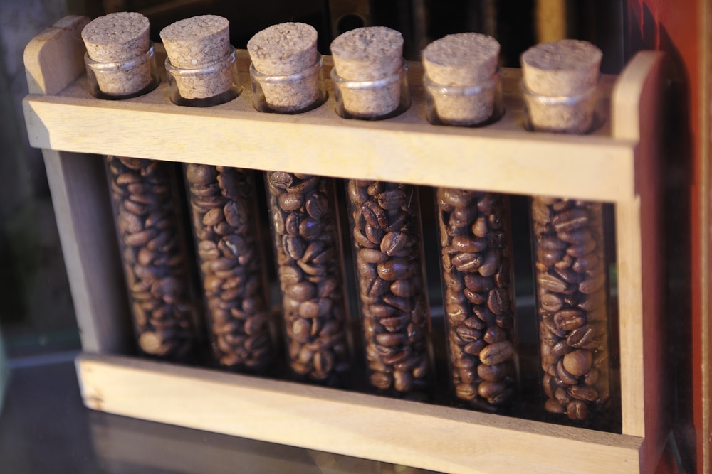 Coffee beans in test tubes on a wooden rack.