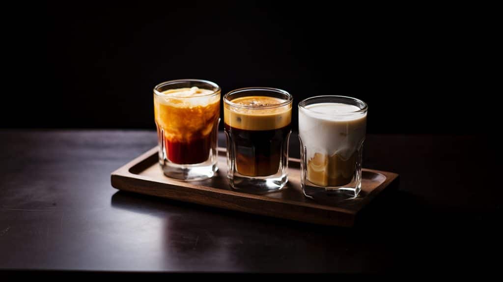 Three coffee drinks side by side with varying levels of milk.