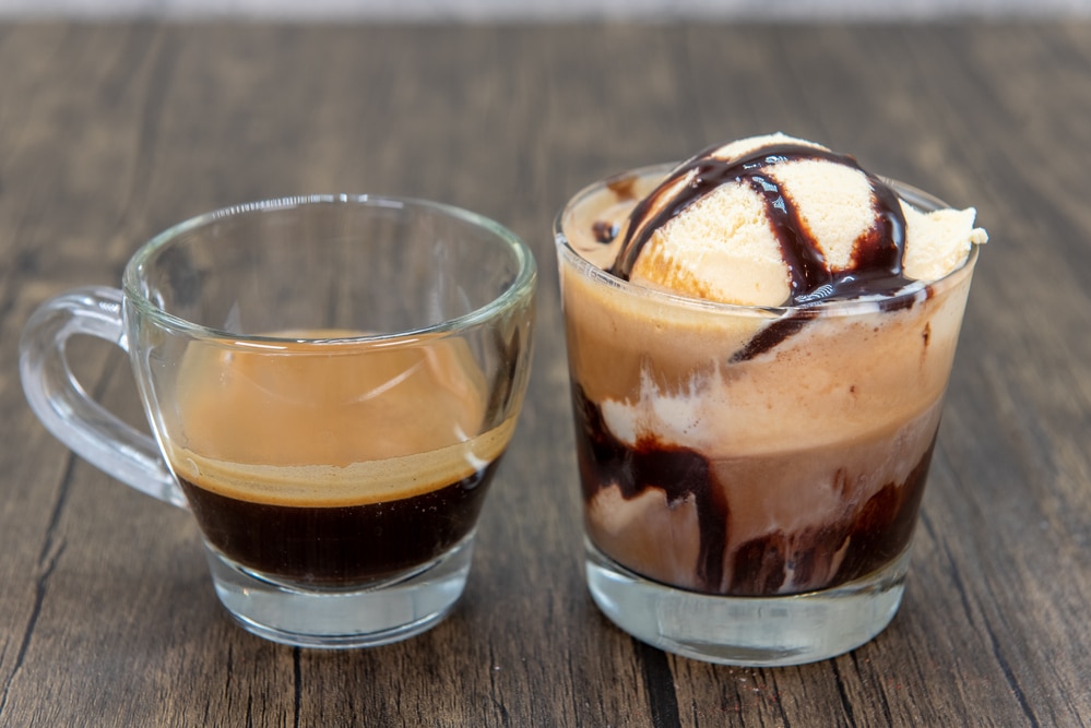 Espresso Shot vs Affogato. Boost of energy with a shot of espresso served with a scoop of vanilla ice cream with chocolate flavor to drink.
